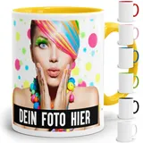 Fototasse selbst individuell gestalten/Personalisiert mit Foto oder Bild Bedrucken/Tasse in verschiedenen Farben aus Keramik (Goldyellow)