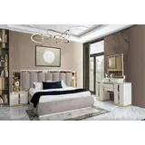 Xlmoebel Schlafzimmer-Set Elegantes Bett mit Nachttischen und Schminktisch in Holzoptik, (4-tlg., 4tlg. Schlafzimmer Set (Bett + 2x Nachttische + Schminktisch), Hergestellt in Europa beige