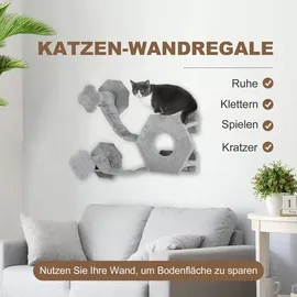 PawHut Katzen Kletterwand, Katzenliege mit Stufen, Katzenhöhle, Sprungturm, Spielzeugball, Katzenplattform für Katzen bis 5 kg, Hellgrau