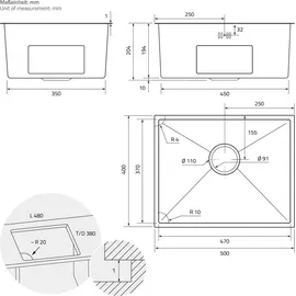 Hago Edelstahl 50 x 40 mm Einbauspüle Anthrazit Handbetätigung 500 x 400 mm