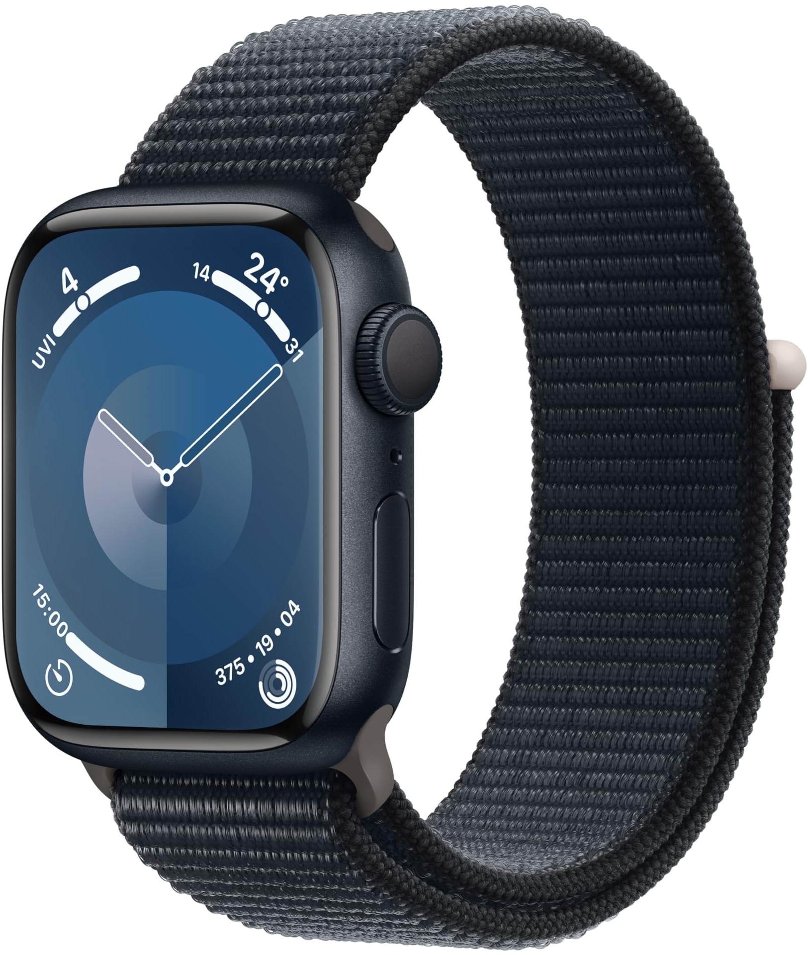 Apple Watch Series 9 (GPS, 41 mm) Smartwatch mit Aluminiumgehäuse und Sport Loop Armband in Mitternacht. Fitnesstracker, Blutsauerstoff und EKG Apps, Always-On Retina Display, CO2 neutral