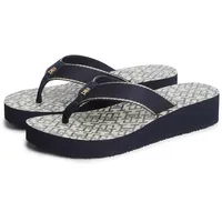 Zehentrenner TOMMY HILFIGER "TH MONOGRAM MID WEDGE SANDAL", Damen, Gr. 38, blau (dunkelblau), Textil, Schuhe Zehentrenner, Sommerschuh, Dianette mit logobedruckter Innensohle