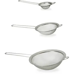 Relaxdays Küchensieb 3er Set, ∅ 7, 12 & 18 cm, mit Griff, Mehl, Puderzucker, Früchte, Haushaltssieb, Edelstahl, silber