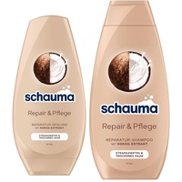 Schauma Shampoo Repair & Pflege (1x 400 ml) Haarshampoo sorgt für Geschmeidigkeit Reparatur-Shampoo für strapaziertes & trockenes Haar & Spülung (1x 250 ml) Haarspülung mit Kokos-Extrakt
