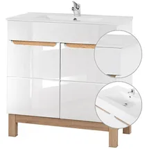 Lomadox Badezimmer Waschtisch Set mit 81cm Keramik-Waschbecken, Unterschrank Hochglanz weiß & Wotaneiche, Softclose-Türen, B/H/T 81/85/46cm