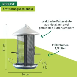 WINDHAGER Vogelfuttersilo Happy Bird, Vogelfutterspender Futterstation, witterungsbeständig, aus Metall, schwarz/silber,
