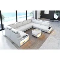 Sofa Dreams Wohnlandschaft Leder Couch Sofa Siena U Form Ledersofa, U-Form Ledersofa Wohnlandschaft mit LED-Beleuchtung und USB weiß