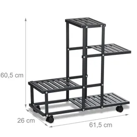 Relaxdays Blumenständer mit Rollen, HxBxT: 60,5 x 61,5 x 26 cm, Metall, 4 Ablagen, Pflanzenständer für innen, schwarz