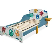 Relaxdays Kinderbett, HBT: 60x94x143 cm, Kleinkindbett mit Ablage, Rausfallschutz, Lattenrost, Monster-Motiv, MDF, bunt