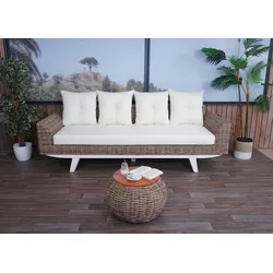 Mendler Sofa HWC-M32, 4-Sitzer Couch Rattansofa Loungesofa mit Kissen, 209cm Kubu Rattan natur Stoff/Textil Polster creme
