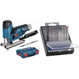 Bosch Professional 12V System Akku Stichsäge GST 12V-70 (inkl. 2x Sägeblatt, ohne Akku/Ladegerät) + 10x PRO Hardwood and Laminate Stichsägeblatt-Set (für Hartholz, Parkett, Länge 83 mm, Zubehör)