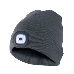Mütze mit LED-Frontleuchte, Strickmütze mit LED-Licht ideal zum Joggen, Campen, Arbeiten, wiederaufladbar per USB und waschbar, dunkelgrau