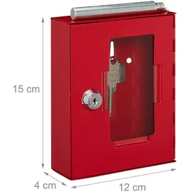 Relaxdays Notschlüsselkasten 2er Set, mit Glasscheibe, Hammer & Schlüssel, abschließbar, Metall, Notschlüsselbox, rot
