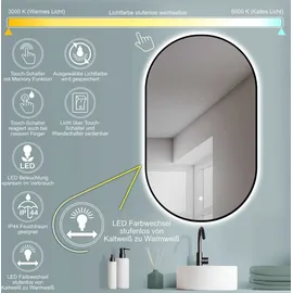 Hoko Badspiegel LED Wandspiegel 50x90 cm Oval+Rahmen+Warmweiß-Kaltweiß-Neutral 2700-6500K. Licht mit Touch Schalter/Wandschalter einschaltbar. Pa...