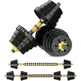 Reformor Kurzhanteln Verstellbar - 15 kg Hantel Set, Dumbbell Set mit Schraubverschlüssen, Langhantel & Gewichten, Multifunktionell Hanteln set, Gelb