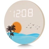 DMDMBSR Digitale Wanduhr, USB-betrieben, Sonnenuntergang, Ozeanwelle, 12/24 Stunden Wandmontage, Digitale Uhr, LED-Holz, geräuschlose Wanduhr für Küche, Wohnzimmer, Büro (25.4 cm, gebrochenes Weiß)