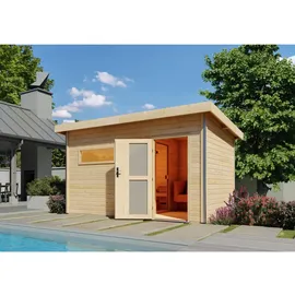 Karibu Saunahaus Skrollan 3 mit Vorraum naturbelassen-Ohne Ofen-Milchglas-Saunatür (blickdicht) inkl. 10-teiligem gratis Saunaset im Wert von 232,94 €