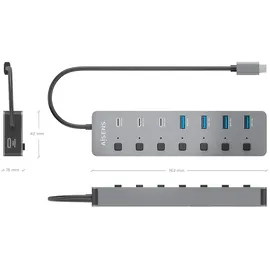 AISENS ASUC-8P044-GR USB-C, 8 Ports), USB Hub, Grau,