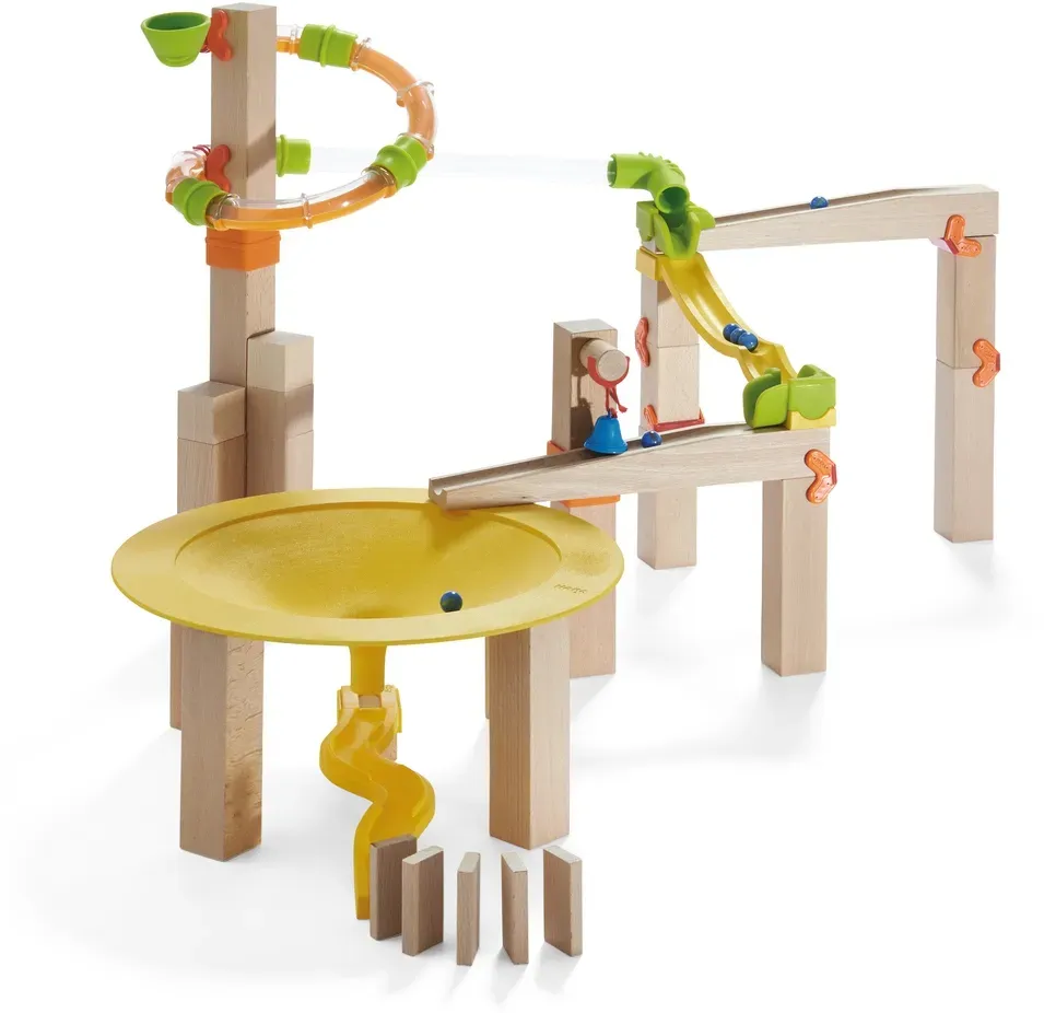 Haba Kugelbahn Grundpackung Funnel Jungle Konstruktionsspielzeug - 42 Teile, FSC-Buchenholz, holzfarben, Klangfeedback, verstellbare Röhren