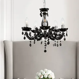 GLOBO Kronleuchter 5 Flammig schwarz Hängeleuchte Esstischlampe Esszimmer Hängelampe Kristalle, Kristallbehang, Chrom, 5x E14, DxH 44x128 cm