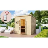 Karibu Saunahaus Außensauna Gartensauna Pepe 4 + 9kw Ofen und HUUM WIFI Steuergerät Sparset 231 x 231 cm Farbe: Naturbelassen