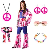 Moiuguli Hippie Kostüm Damen Set, Faschingskostüm Damen Hippie Kleidung Schlaghose mit Accessoires, 60 er 70er Jahre Bekleidung Damen, Disco Outfit mit Brille, Halskette, Ohrringen, Kopftücher