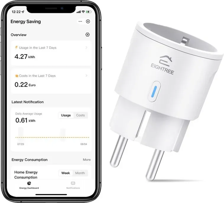 EIGHTREE 1er Pack Smart WLAN Steckdose, WiFi Steckdose mit Strommessung, Sprachsteuerung & Timer, Smart Home funktioniert mit Alexa & Google Home, TÜV Zertifiziert