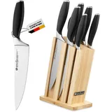 Grossman Toronto Messerblock 7-teilig – Küchenmesser Set mit schwarzen Griffen – deutsche Edelstahlklingen – Messerhalter aus Gummibaumholz in Beige – rutschfest & robust