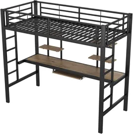 XDOVET Hochbett mit Schreibtisch und zwei Bücherregalen 90 x 200 cm MDF schwarz