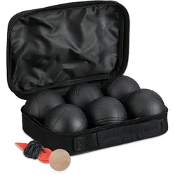 Relaxdays Boule Kugeln, 6 Metall-Kugeln, Set mit Zielkugel & Abstandsmesser, Tragetasche, Boccia Spiel, Stahl, schwarz