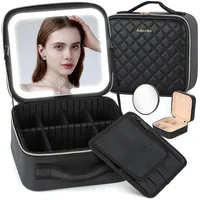 Aiborke Reise-Make-up-Tasche mit beleuchtetem Spiegel, Make-up-Tasche mit beleuchtetem Spiegel, Kosmetiktasche mit verstellbaren Trennwänden und 10-facher Vergrößerungsspiegel, Schwarz, Tragbar