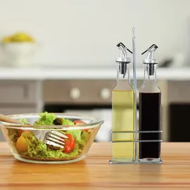 Relaxdays Menage-Set Essig und Ölspender 300 ml Glasflaschen im Gestell schwarz/silber/transparent