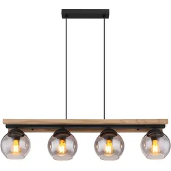 Pendelleuchte Hängeleuchte Wohnzimmerlampe Esszimmerleuchte, Metall Eichenholz Glas rauch, 4 Flammig, E27, H 120 cm