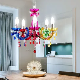 GLOBO Kronleuchter modern Pendelleuchte Schlafzimmerleuchte 5 flammig, Kristalle bunt, Metall Acryl, 5x E14, DxH 44 x 128 cm