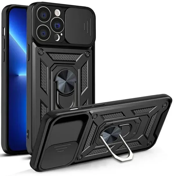 Hybrid Armor Camshield Case for iPhone 13 Pro Armored Case with Camera Cover Black