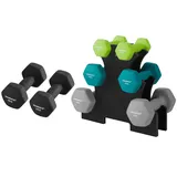 SONGMICS Hanteln, Hantelset 2 x 5 kg, Kurzhanteln mit Hantelständer 2 x 1 kg, 2 x 2 kg, 2 x 3 kg, Krafttraining, zu Hause, im Büro, Fitnessstudio, schwarz, limettengrün, aquamarin und hellgrau SYL60GN