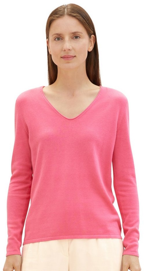 TOM TAILOR Strickpullover Dünner Strickpullover Basic V-Ausschnitt Stretch Sweater 4653 in Pink weiß