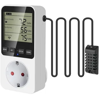 AIFIZO Hygrostat Steckdose mit Fühler, Feuchteregler 16A 230V für Luftbefeuchter Luftentfeuchter Pilz Terrarium, 20~99% RH, -10°C~50°C, Feuchtigkeitsregler Temperaturregler mit Alarm