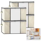 MODFU Aufbewahrungstasche 4er Kleider Aufbewahrung Boxen Faltbar Aufbewahrungskorb (84 Liter Größe mit Sichtfenster und Haltegriffen, 4-tlg., Umzugskarton, Aufbewahrung Boxen, 60x40x35 cm), für Bettdecken Kleidung Decke T-Shirts Kleiderschrank Garderobe usw beige