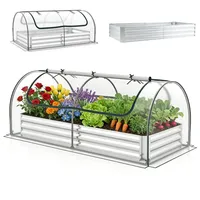 HOMASIS 3 in 1 Gewächshaus mit Hochbeet, Foliengewächshaus mit PVC-Abdeckung, Frühbeet aus Metall, Tomatenhaus Treibhaus mit 2 Fenstern, Blumenkasten für Garten Balkon (Silber, 202 x 101 x 81 cm)