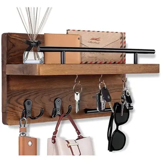 Refined Living Schlüsselbrett Schlüsselbrett Holz mit Ablage Schlüsselhalter mit 5 Haken, (für Eingangsbereich Haustür Flur Schlafzimmer Büro, Wandhalterung für Post-Organizer aus Holz), Wand Schlüsselboard Schlüsselbrett mit Ablage & Schlüsselhaken braun