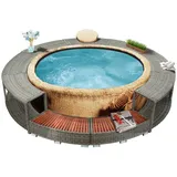 Cozynest -Umrandung Whirlpool Umrandung mit 2 hölzernen Spa-Stufen Spa Poolumrandung für Schwimmbecken Grau Poly-Rattan