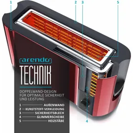 Arendo Toaster Langschlitz für 2 Scheiben, 1000 W, Brötchenaufsatz, Wärmeisoliert, Display, rot