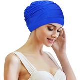 TCNGKIJIUK Badekappe Damen Groß Schwimmkappe Anti Rutsch Schwimmhaube Ohrenschutz Bademütze Retro Swim Cap Sommer Schnelltrocknend Badehuabe Elastisch Schwimmmütze Kurze Lange Haare Mädchen Königsblau