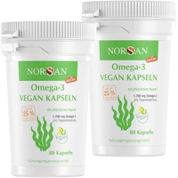 NORSAN Premium Omega 3 Vegan Kapseln 2er Pack (2x 80 Stück) / 1.700mg Omega 3 pro Tagesdosis/vegane Algenöl Kapseln mit 420 mg EPA & 840mg DHA/Omega 3 Algenöl aus nachhaltigem Anbau