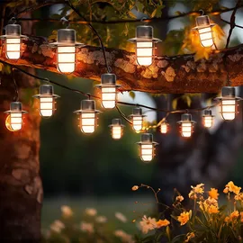 Nowa Solar Lichterkette Solarlampe LED Aussen Gartenlampe Flammeneffekt, Akku Erdspieß, schwarz, 24x led Laterne warmweiß, DxL 8x200 cm