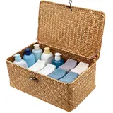 IHONYI Aufbewahrungskorb aus geflochtenem Rattan – Seegras Korb mit Deckel, handgeflochten, mit stabilem Drahtgestell, Wäschekörbe,Körbe & Aufbewahrungsbox Badezimmer, Schlafzimmer, Wohnzimmer(S)