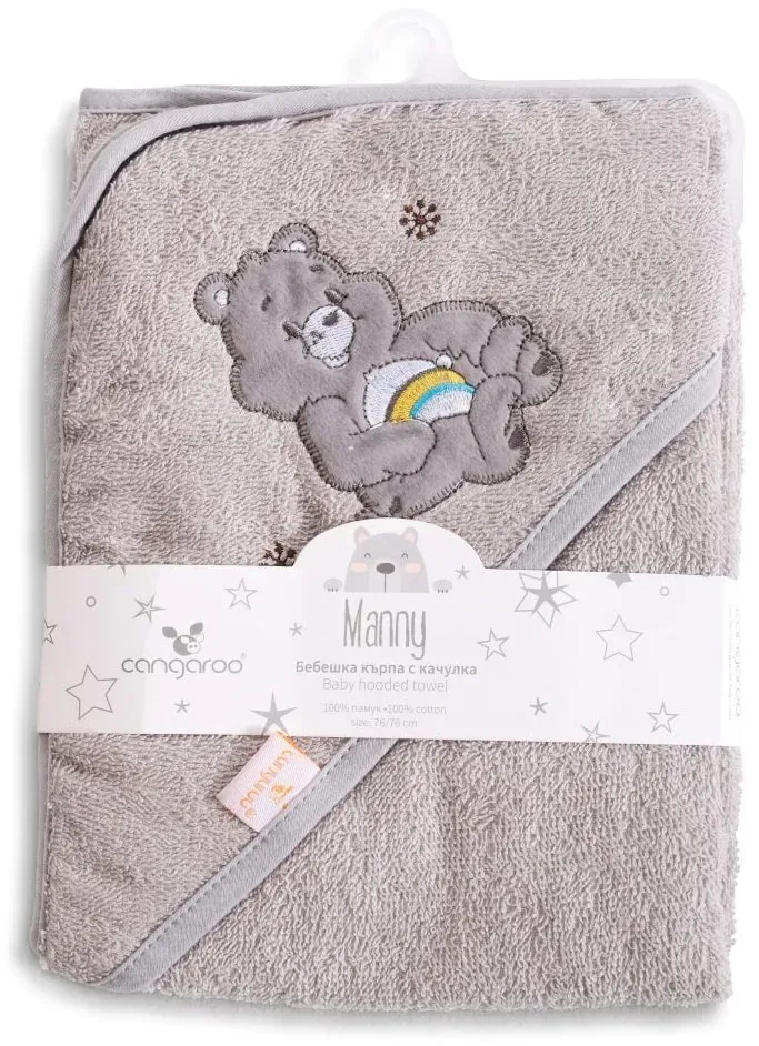 Cangaroo Baby-Kapuzenhandtuch Manny 76 x 76 cm Babyhandtuch Tiermotiv Baumwolle grau