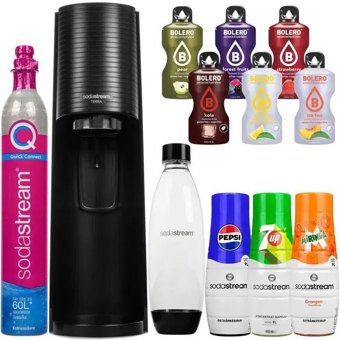 SodaStream Terra Black saturator d'eau gazeuse un boteille + Pepsi, Mirinda, 7up + Bolero 6pc