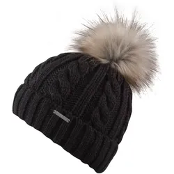 Bommelmütze CHILLOUTS "Joan Hat", Damen, schwarz, Grobstrick, Strick, Kunstfaser, unifarben, Zopfmuster, feminin,klassisch,modisch,sportlich, Mützen, Mit Fake-Fur Pom Pom, Zopfmuster